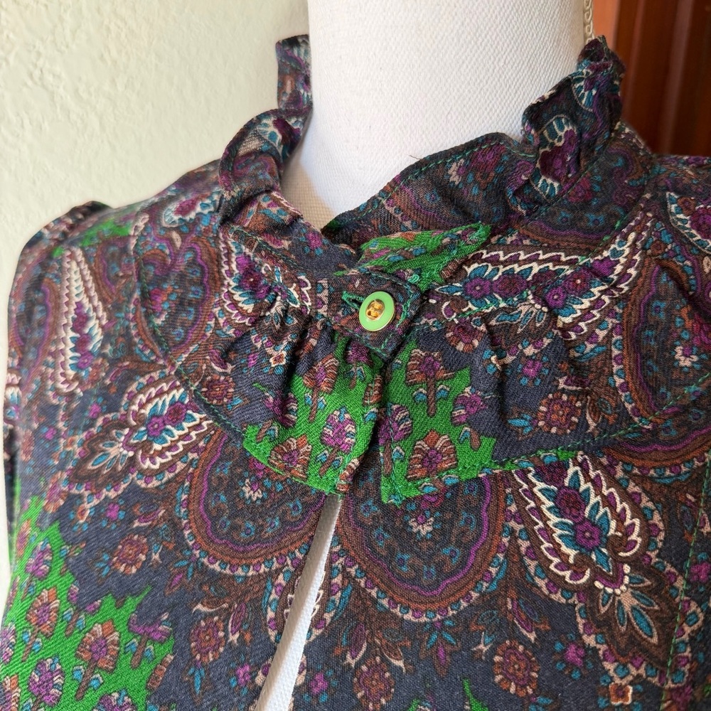 Marc Jacobs Romantic Ruffle Collar Long Sleeve Wool Silk Peacock Paisley Dress L - Picture 3 of 13